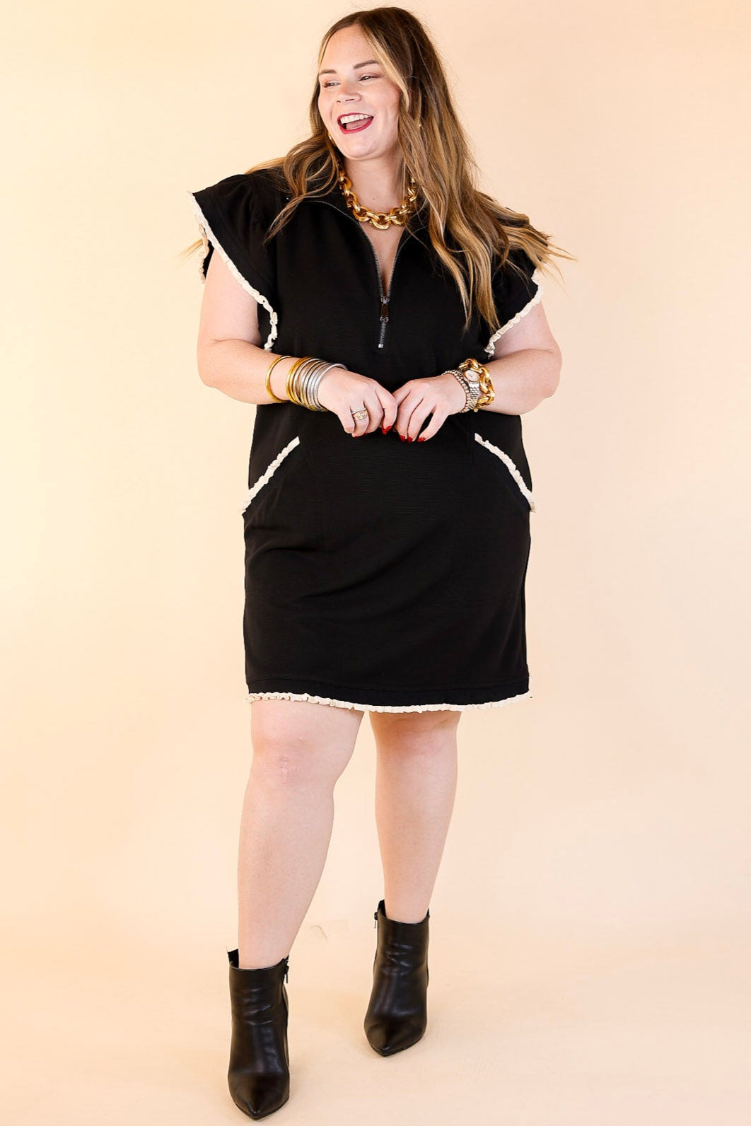 Classic Charm Cap Sleeve Dress with a Collar and Ruffle Detailing Dress in Black