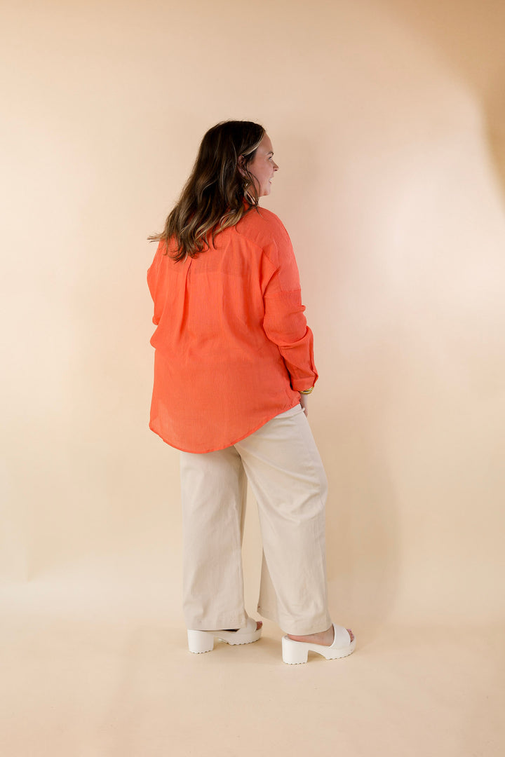 Effortlessly Charming Button Up With Crepe Fabric Top in Coral Orange - Giddy Up Glamour Boutique