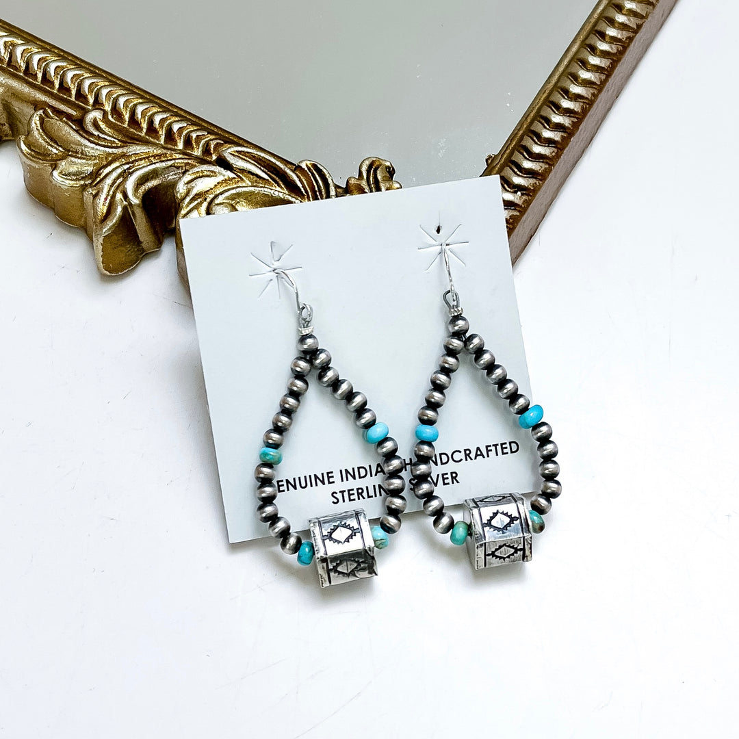 Native American sterling silver teardrop earrings with turquoise accents and Navajo pearls, handmade western drop earrings