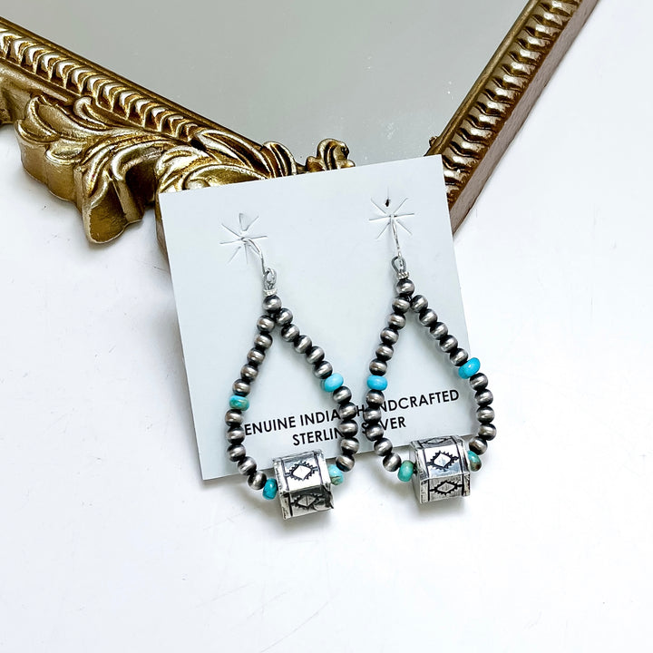 Native American sterling silver teardrop earrings with turquoise accents and Navajo pearls, handmade western drop earrings