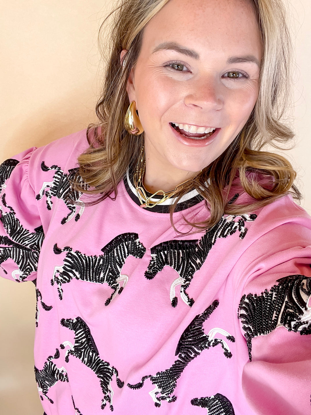 Queen Of Sparkles | Wild Expedition Fully Beaded Zebra Print Long Sleeve Sweatshirt in Pink - Giddy Up Glamour Boutique
