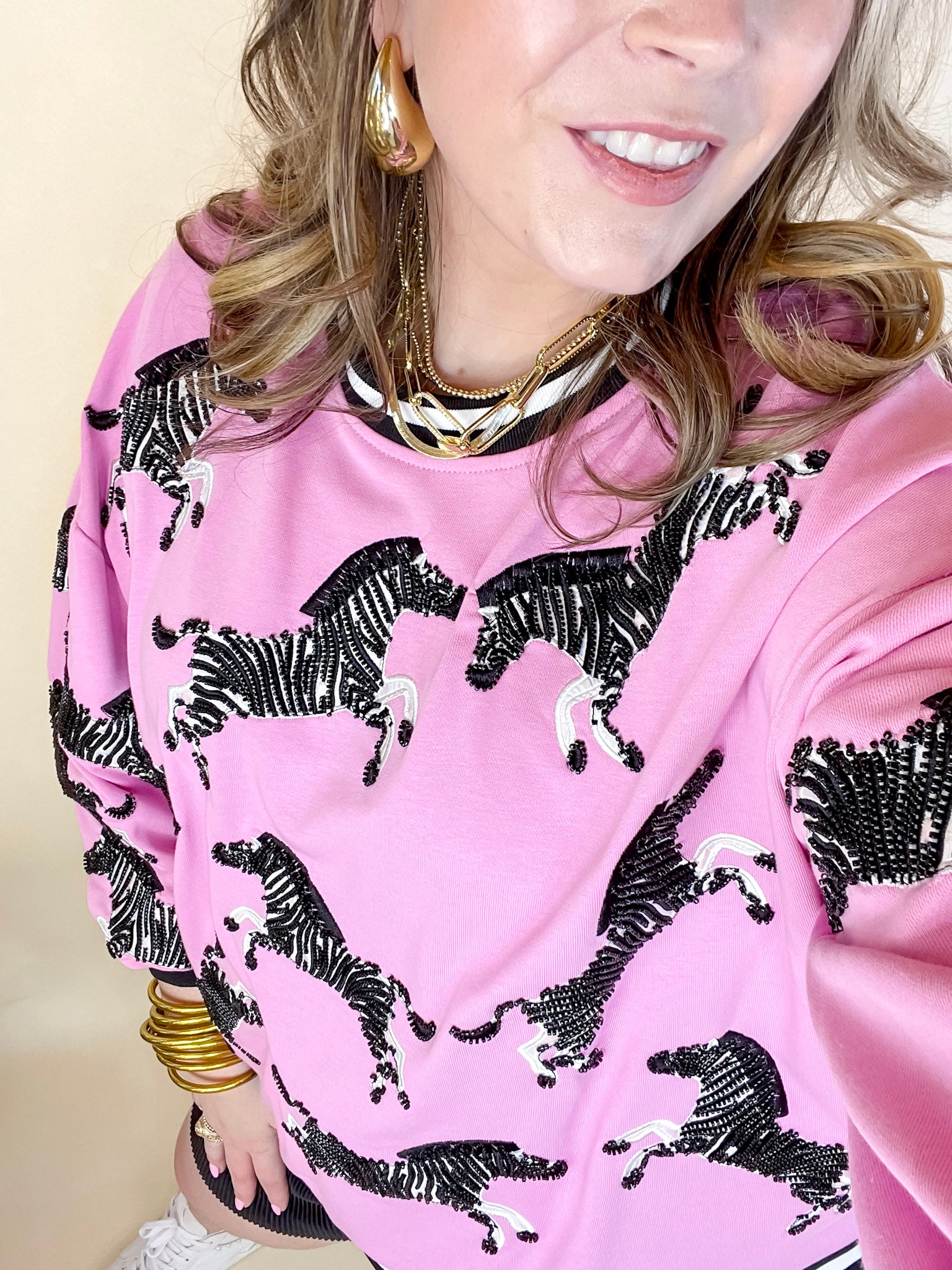 Queen Of Sparkles | Wild Expedition Fully Beaded Zebra Print Long Sleeve Sweatshirt in Pink - Giddy Up Glamour Boutique