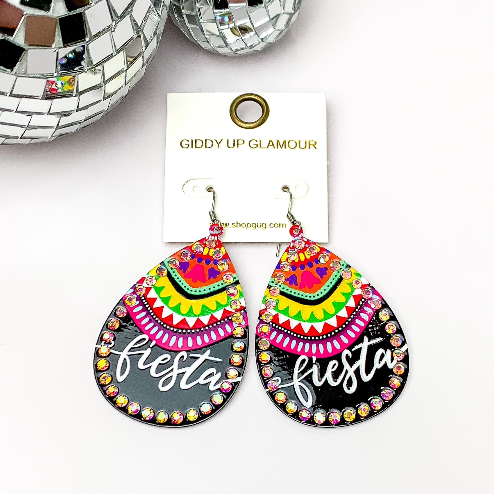 Fiesta Teardrop Earrings with AB Crystal Outline in Black - Giddy Up Glamour Boutique