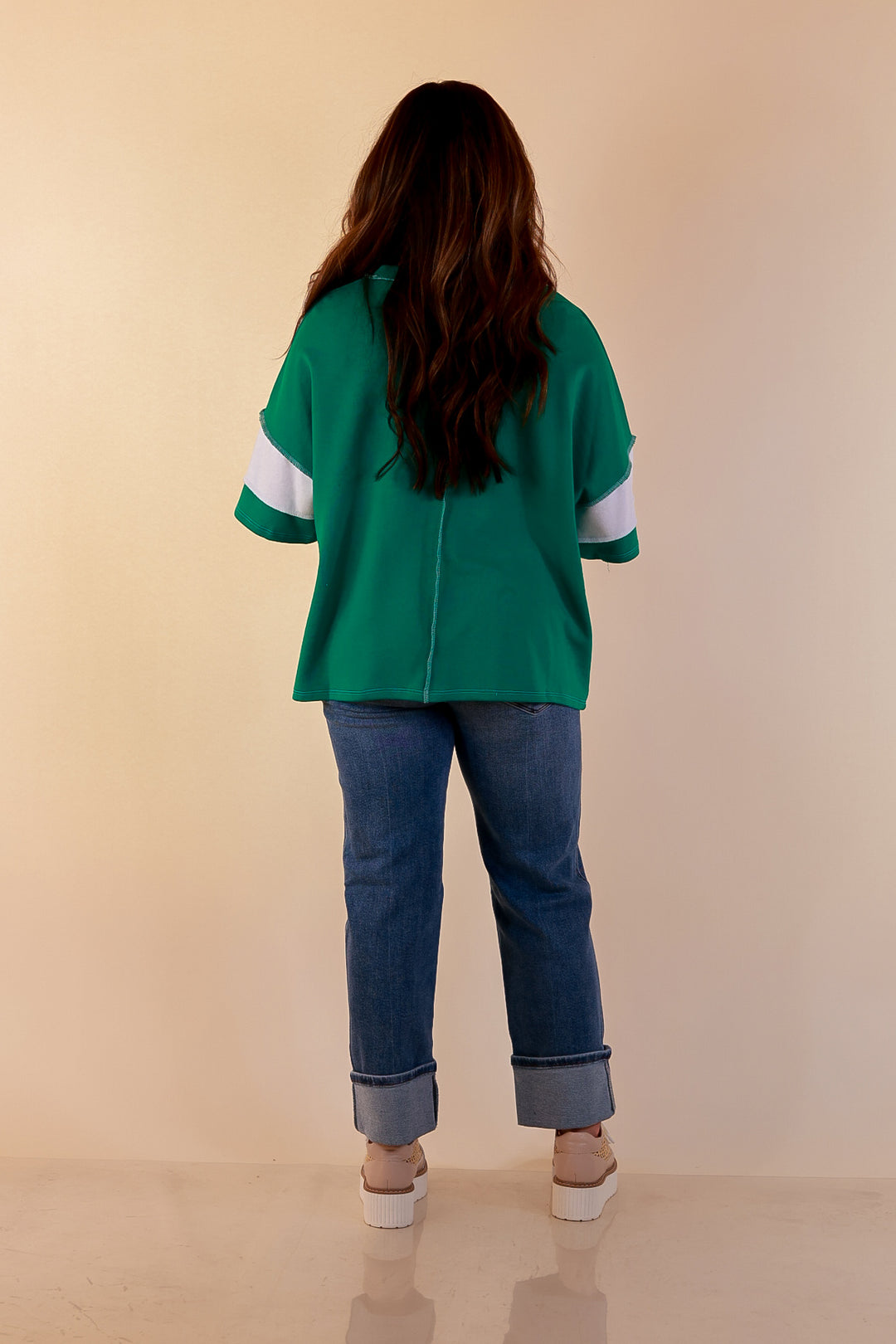 Simply Striking Color Block Rugby Style Wide Stripe Relaxed Short Sleeve Top in Kelly Green