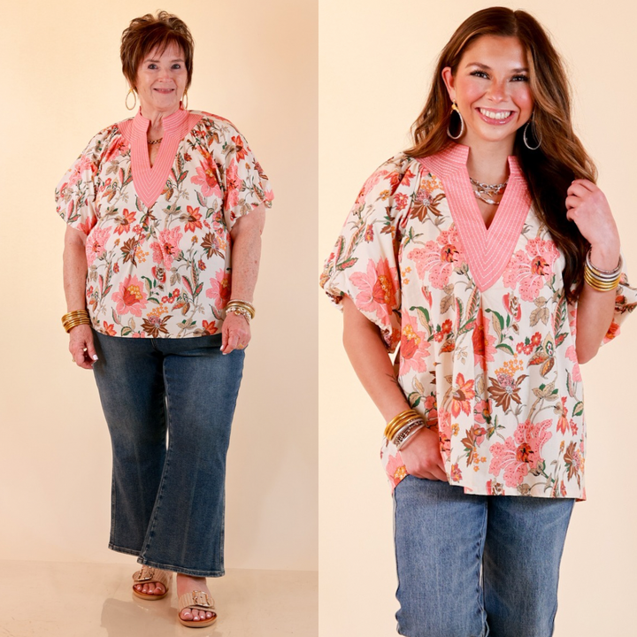 Secret Garden Floral Print Top with Contrast Collar and Puff Sleeves in Pink Multi
