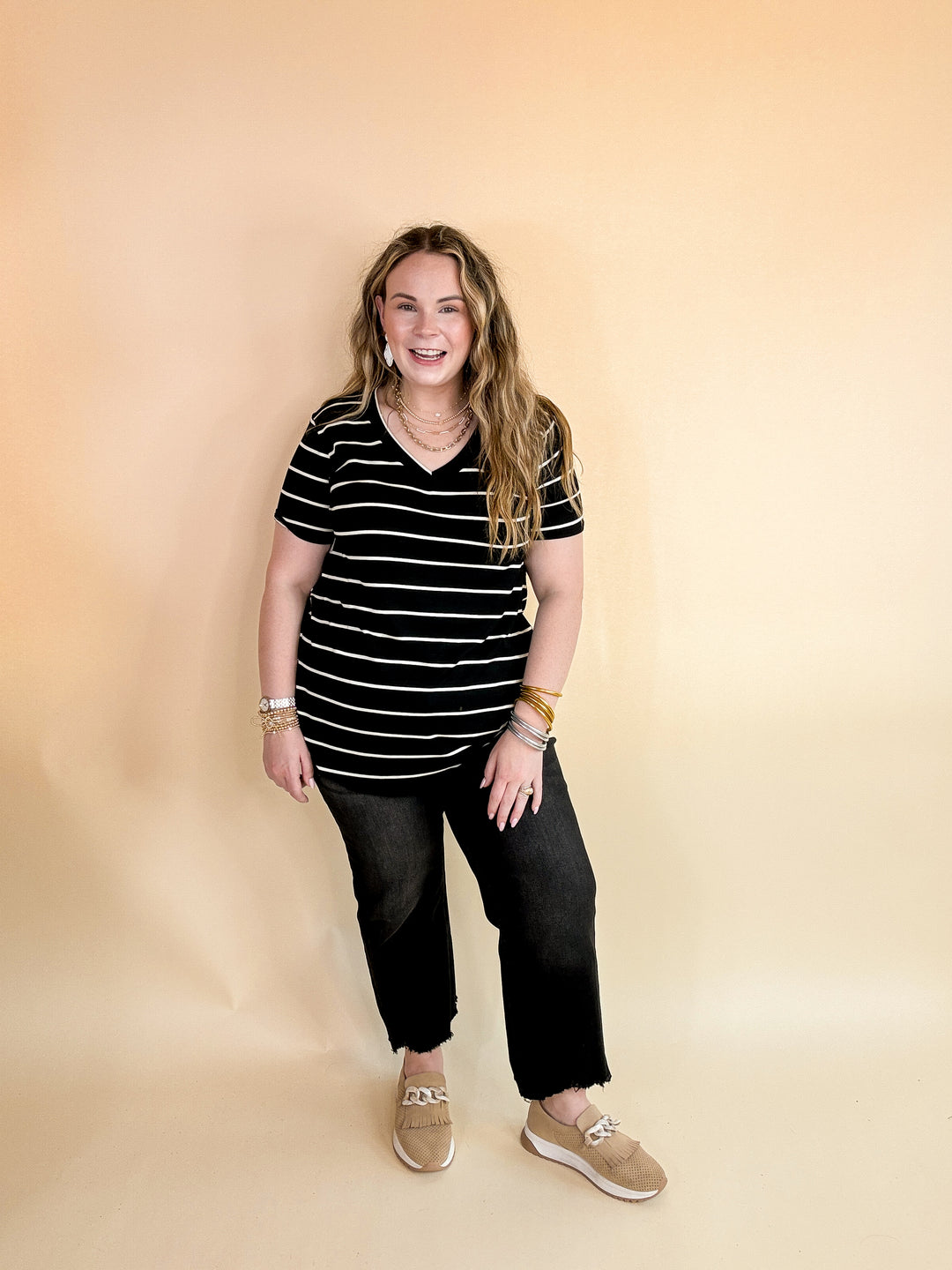 Keep Things Casual Striped V Neck Tee in Black