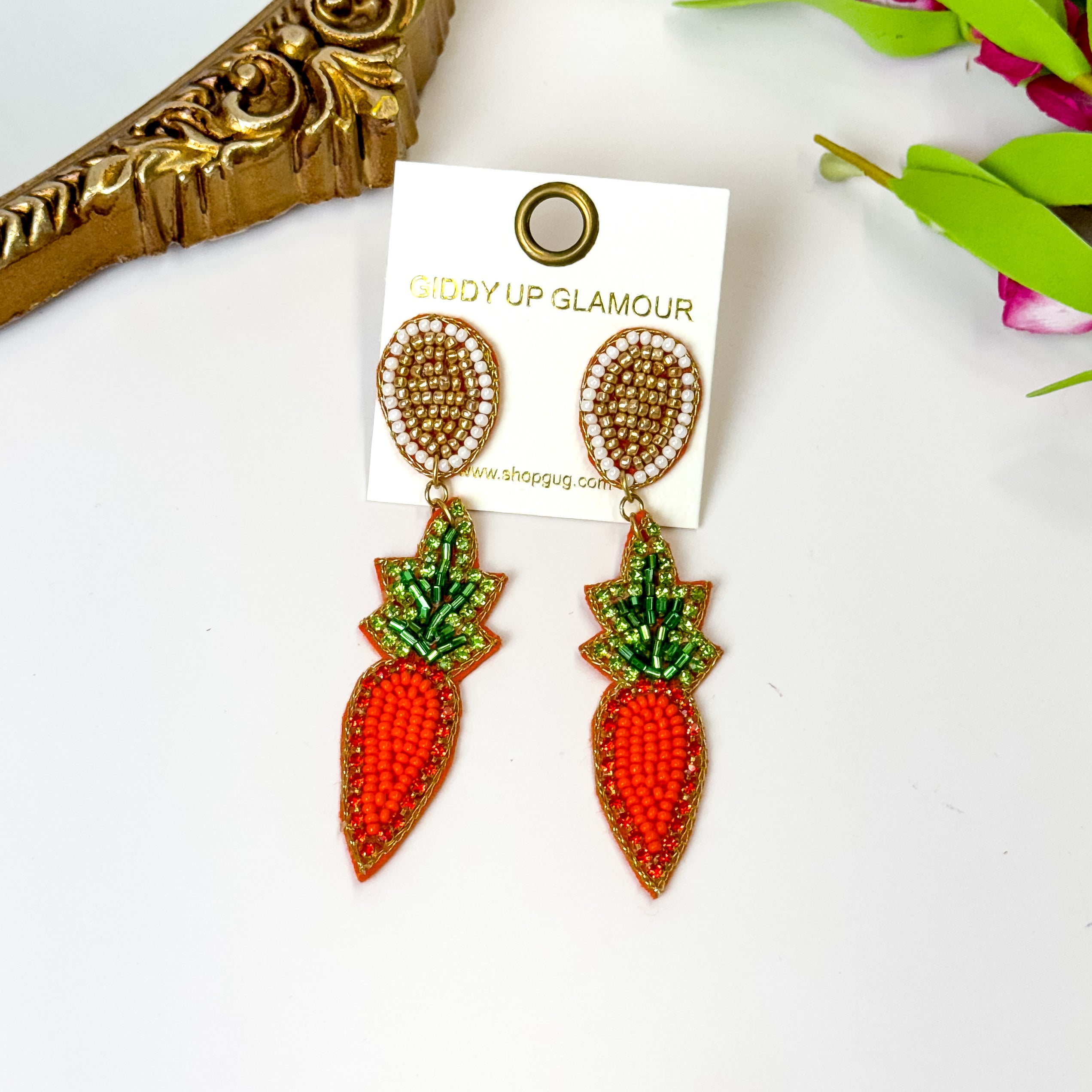 Beaded Drop Carrot Earrings with Crystals in Orange - Giddy Up Glamour Boutique