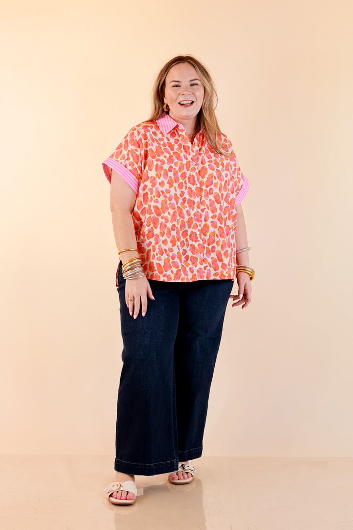 Talk the Talk Leopard Print Button Front Top with Stripe Contrast Collar in Pink and Orange