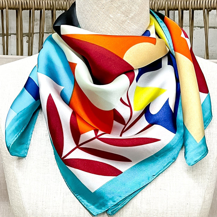 Retro Bloom Bold Multicolor Floral Square Scarf with Aqua Trim in Multicolor