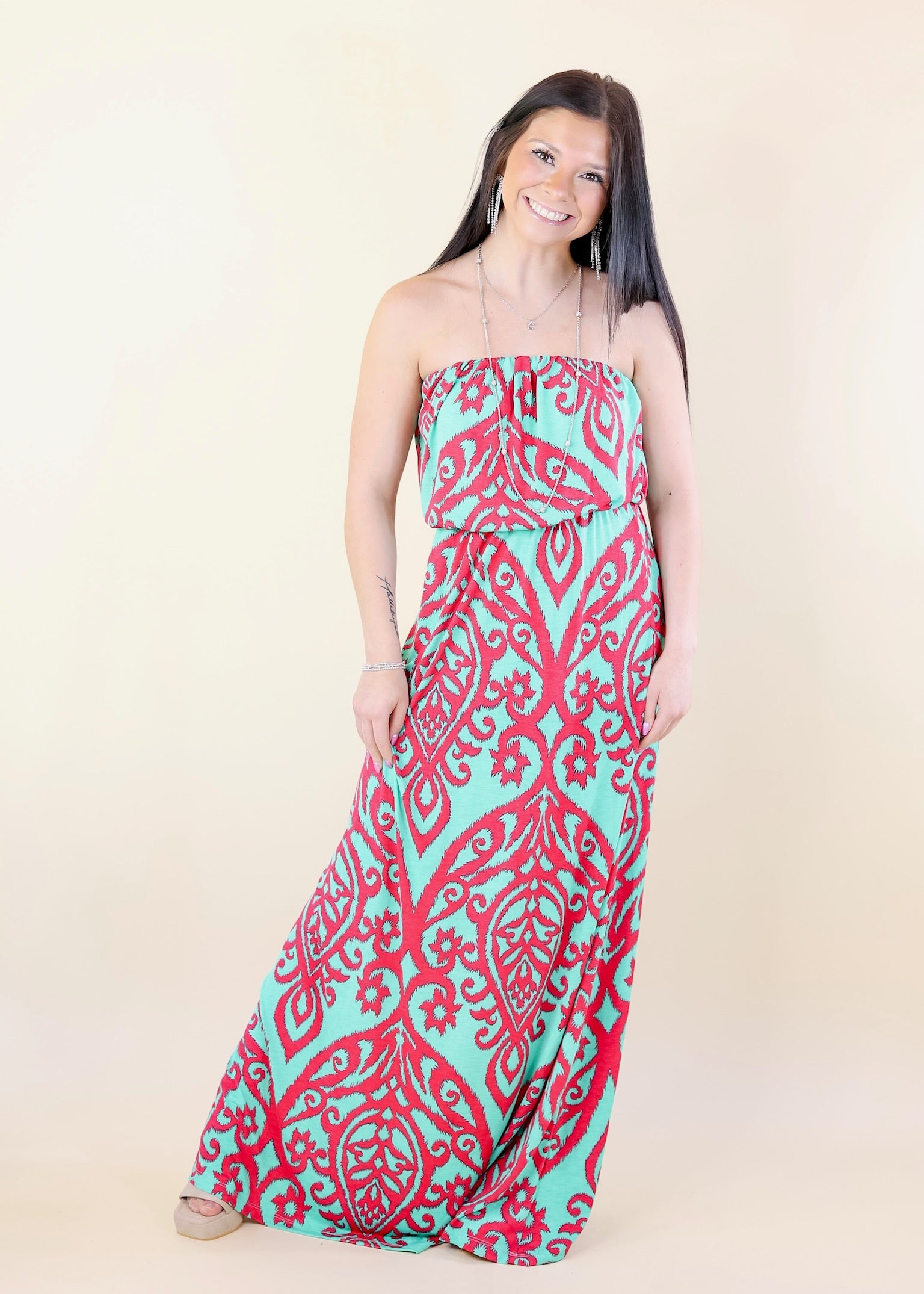 Good Times Swirl Maxi Dress in Jade and Hot Pink - Giddy Up Glamour Boutique