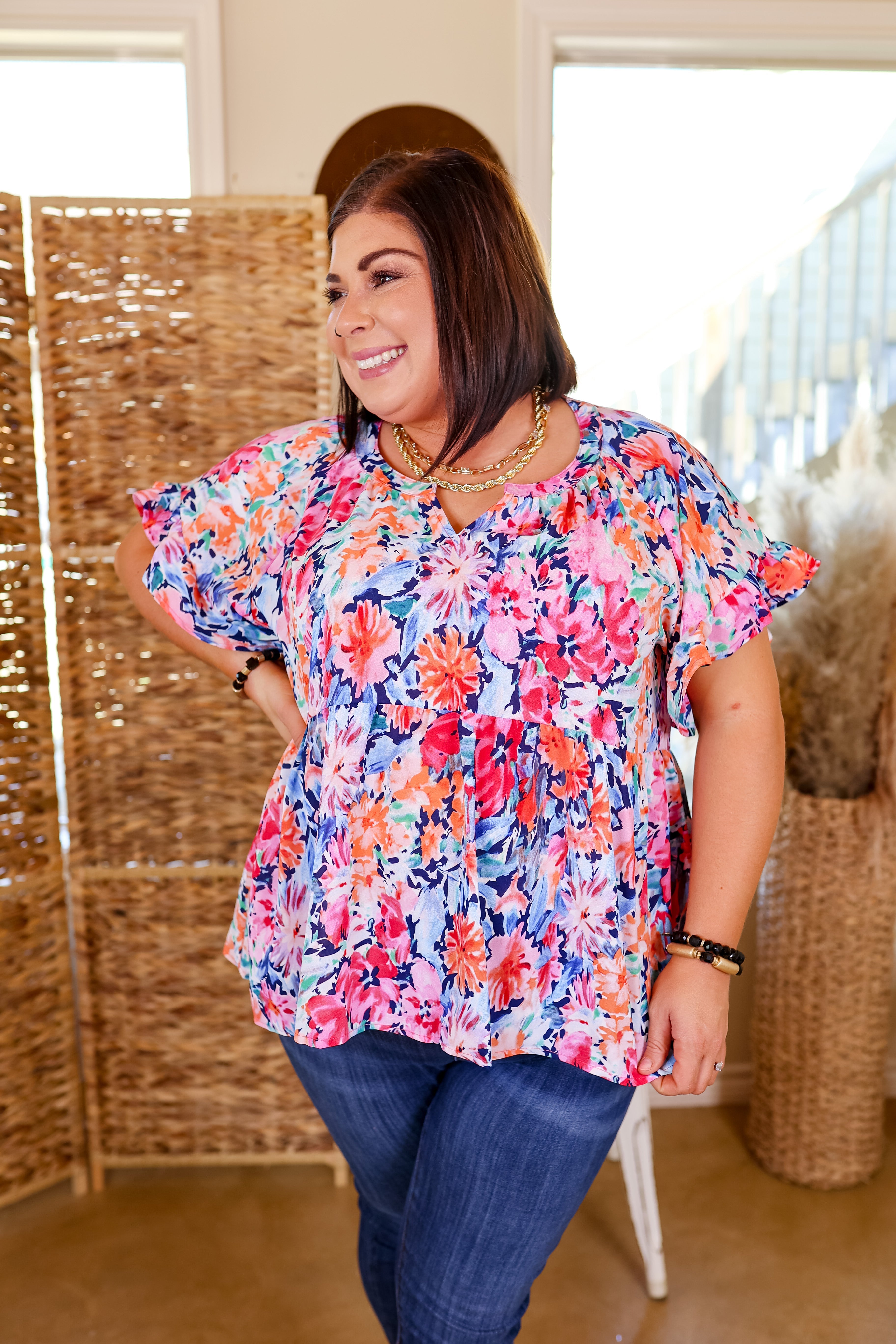 Spring Fever Floral Babydoll Top with Ruffle Short Sleeves in Pink and Blue Mix - Giddy Up Glamour Boutique