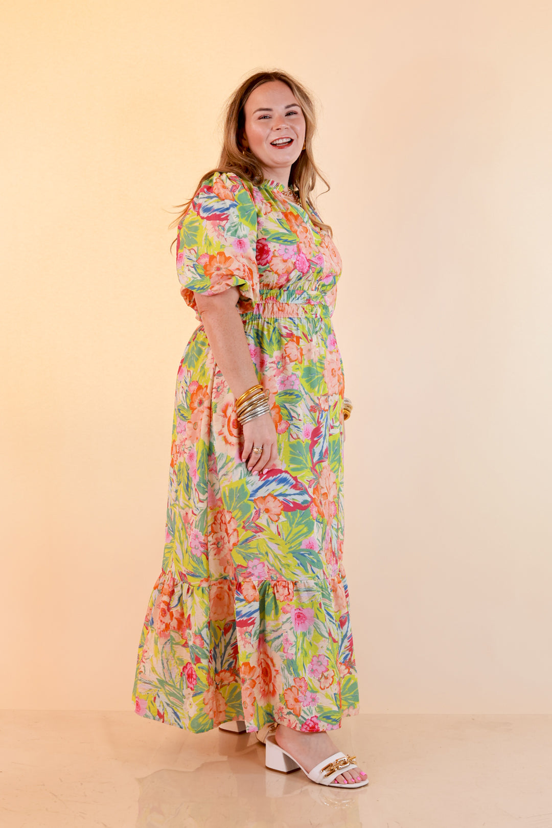 Reserved for Brunch Puff Sleeve Smocked Waist Floral Maxi Dress in Green Multi