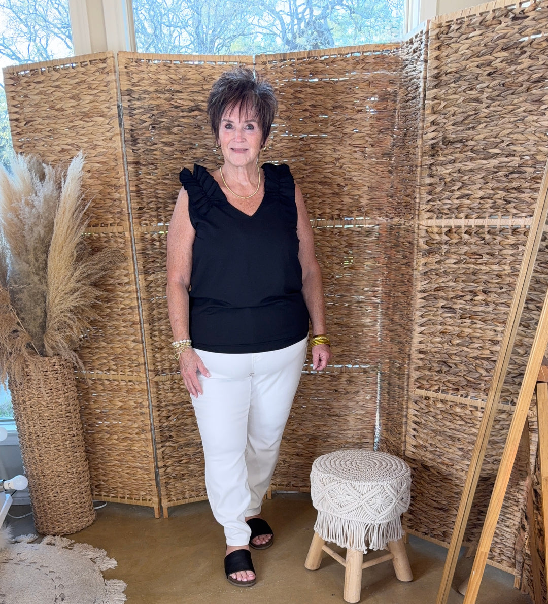 Plus Sizes | Ruffle Trim Sleeveless Top in Black