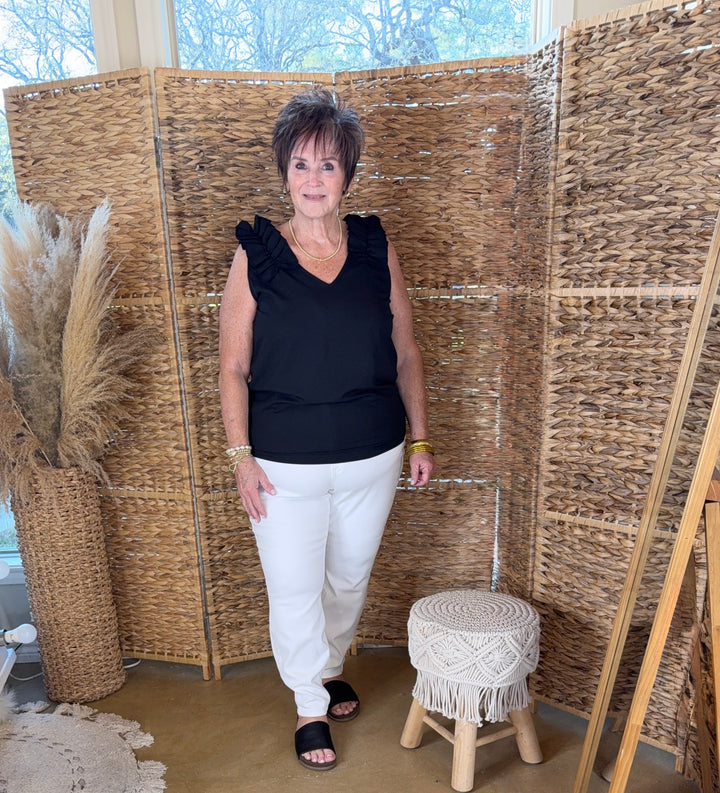 Plus Sizes | Ruffle Trim Sleeveless Top in Black