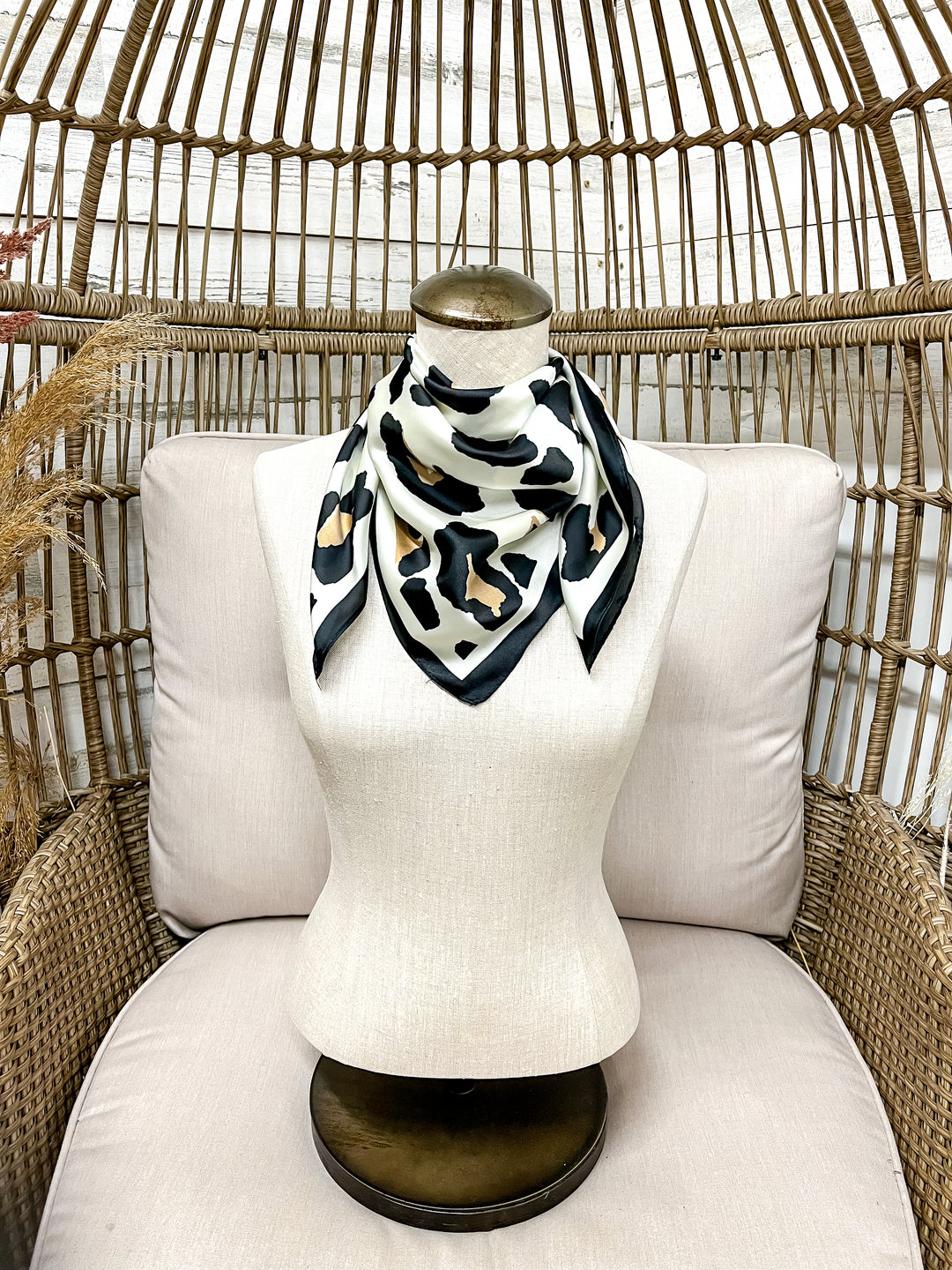 Wild Chic Black and Ivory Large Leopard Print Silk Feel Square Scarf in Leopard