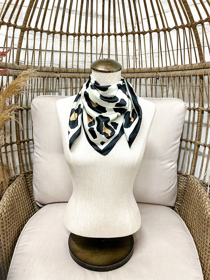 Wild Chic Black and Ivory Large Leopard Print Silk Feel Square Scarf in Leopard
