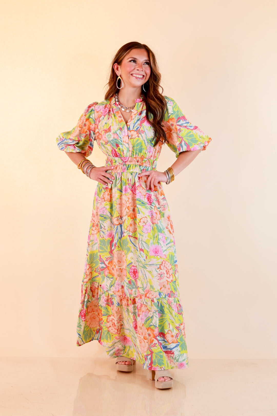 Reserved for Brunch Puff Sleeve Smocked Waist Floral Maxi Dress in Green Multi