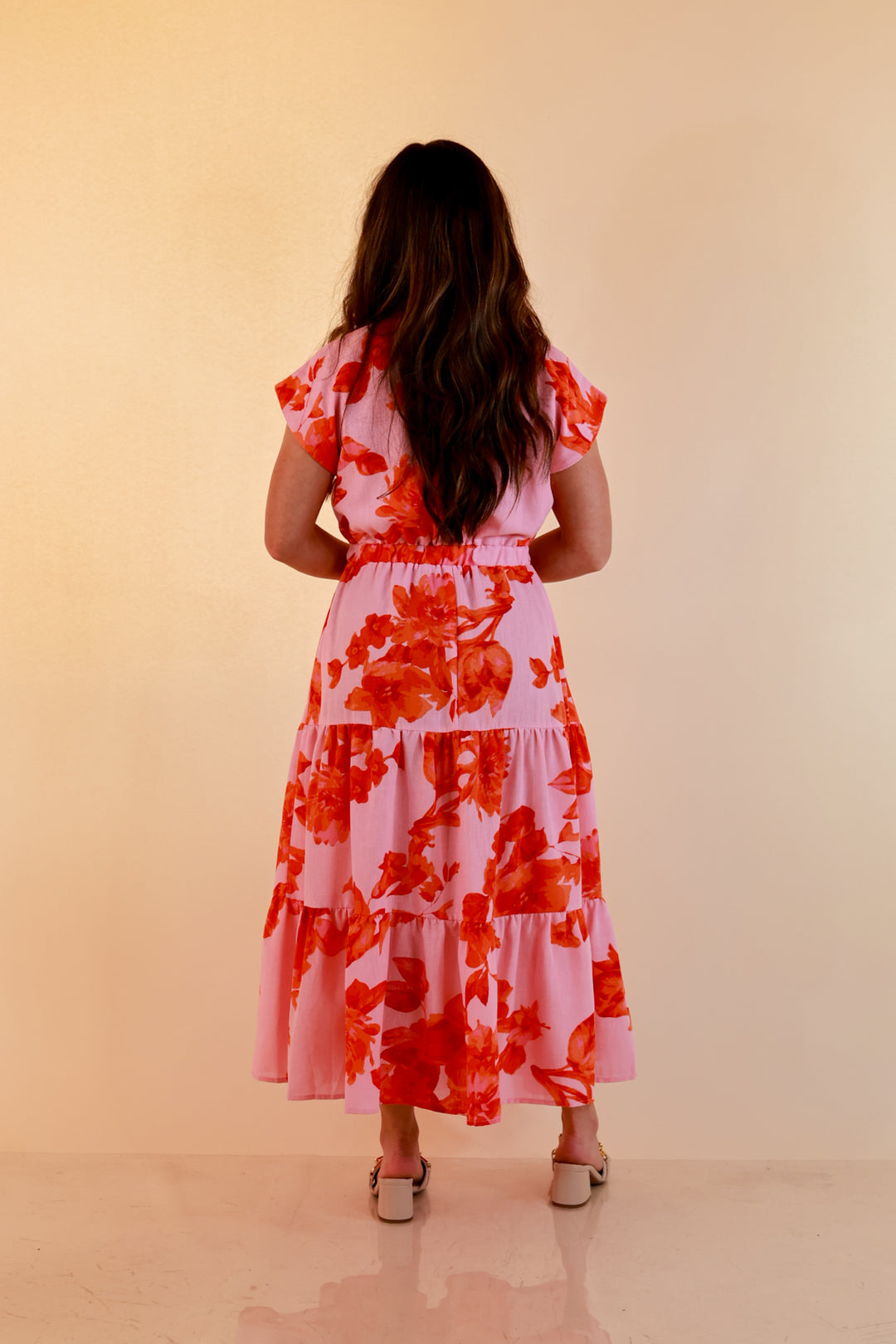 Petals at Play Ric Rac Trim Flutter Sleeve Tiered Midi Dress with Floral Print in Pink and Orange