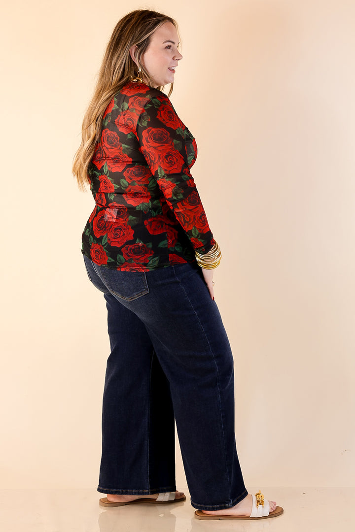 Sheer Confidence Red Rose Print Mesh Long Sleeve Top in Black