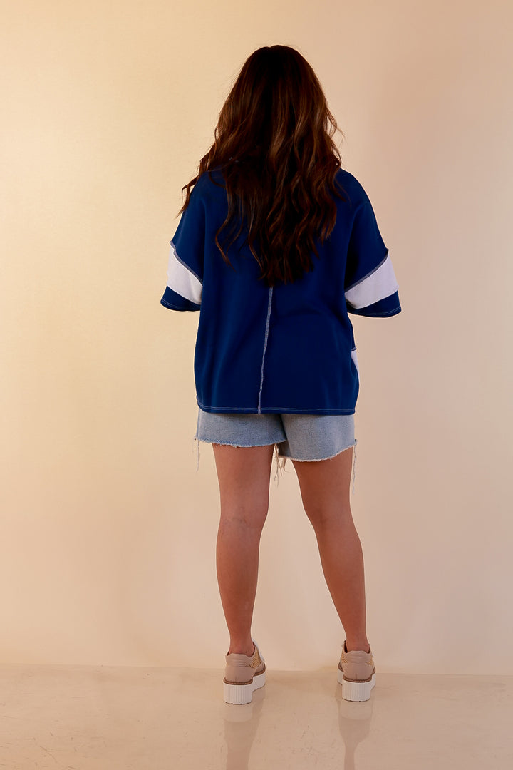 Simply Striking Color Block Rugby Style Wide Stripe Relaxed Short Sleeve Top in Navy Blue