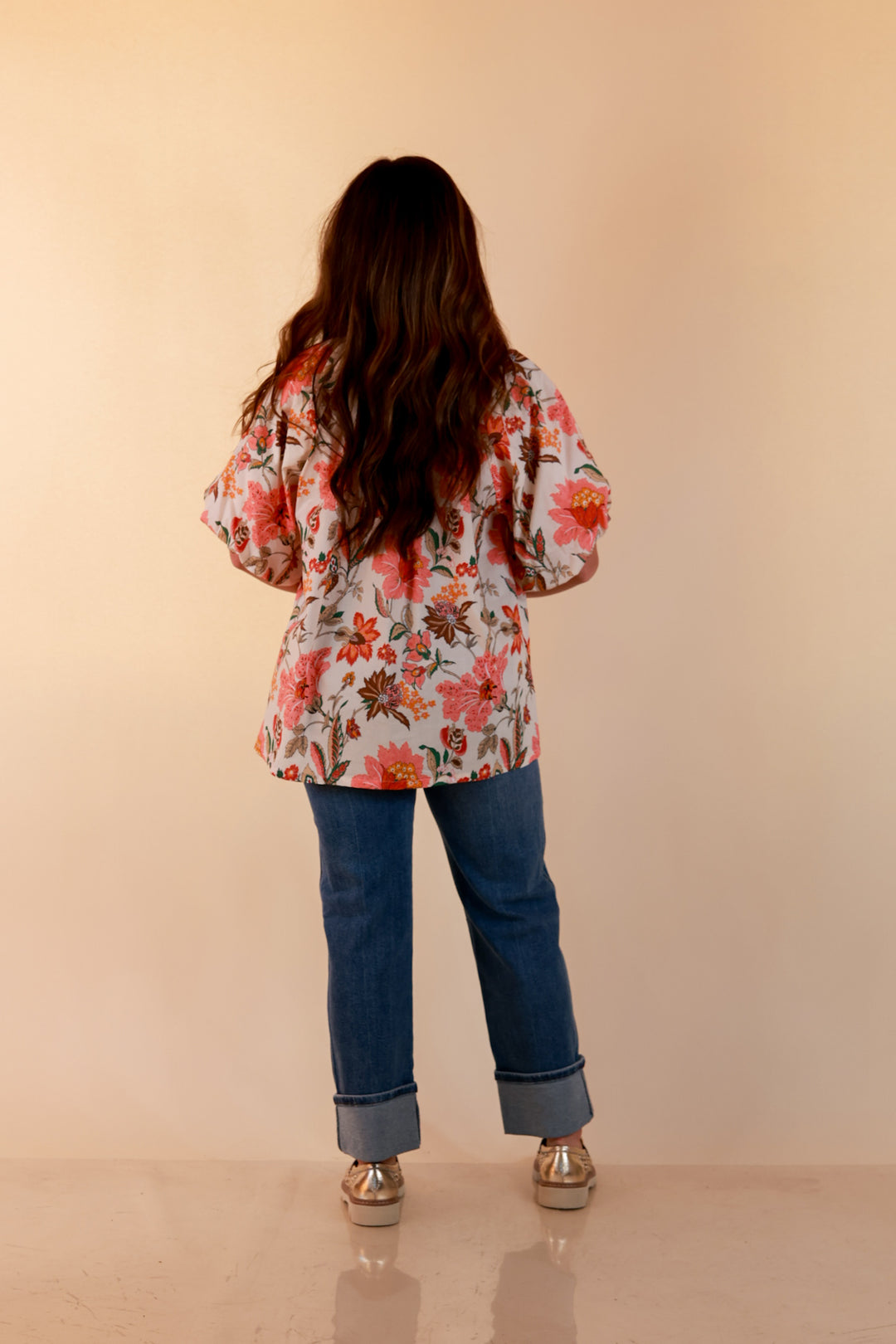 Secret Garden Floral Print Top with Contrast Collar and Puff Sleeves in Pink Multi