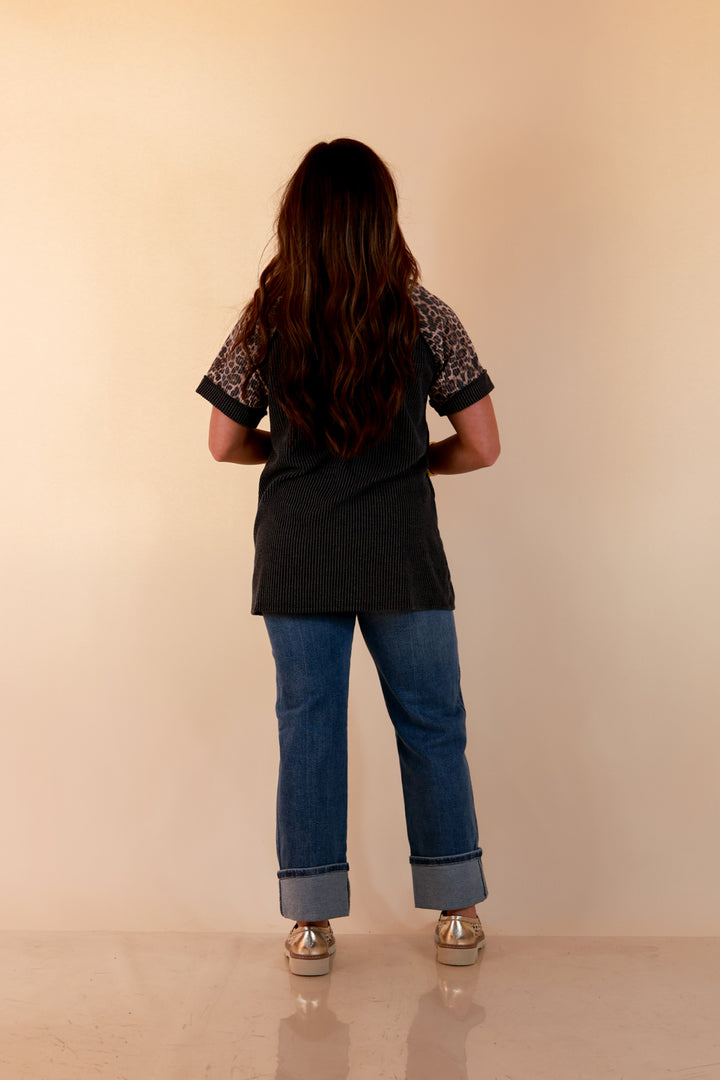Easy Attraction Waffle Knit V Neck Top with Leopard Print Sleeves in Black
