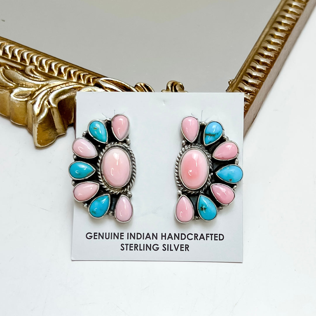 Marcella James | Native American Sterling Silver, Turquoise and Pink Conch Half Cluster Earrings