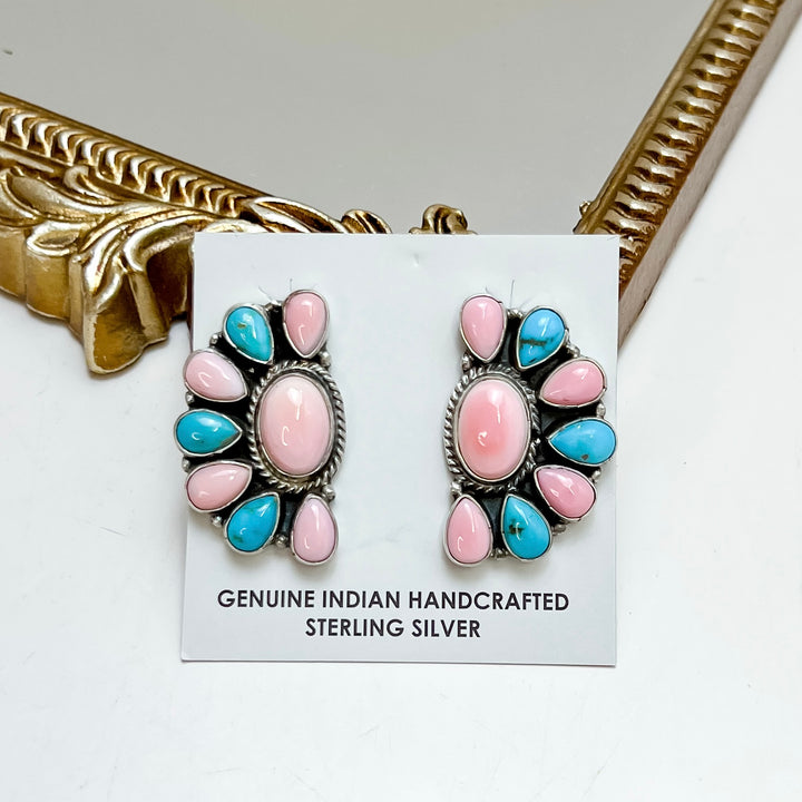 Marcella James | Native American Sterling Silver, Turquoise and Pink Conch Half Cluster Earrings