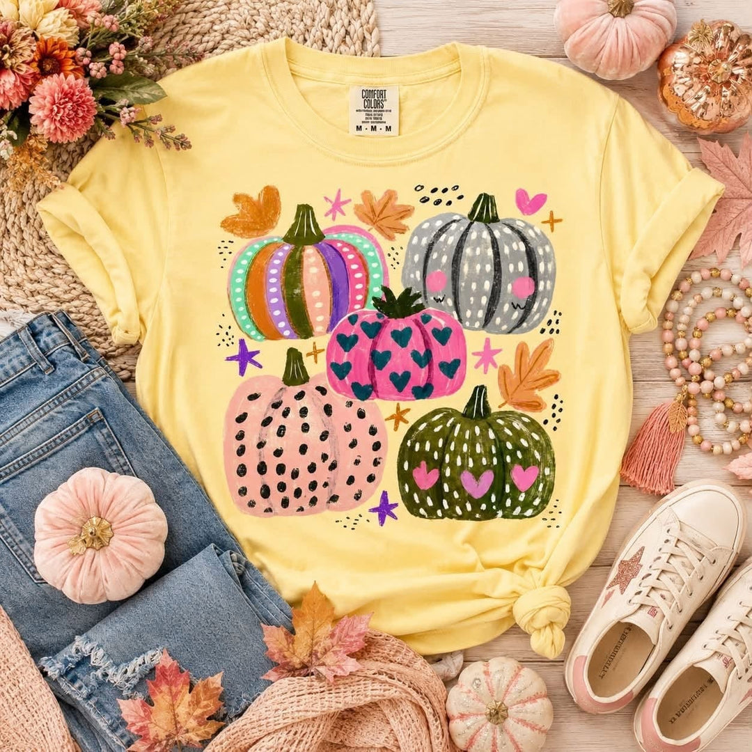 Custom Made to Order | Whimsy Funky Pumpkin Graphic Tee or Sweatshirt in Multiple Printing Options on Butter Yellow