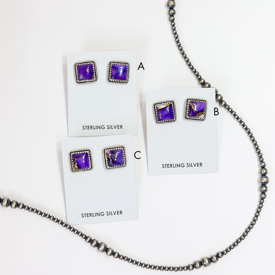 Hada Collection | Handmade Sterling Silver Square Stud Earrings with Violet Rose Remix Stones