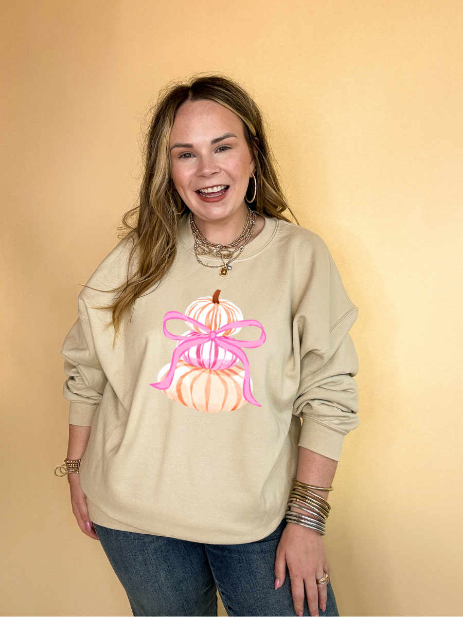 Online Exclusive | Chic Orange and Pink Pile of Pumpkins with Giant Pink Bow Graphic Sweatshirt in Multiple Colors