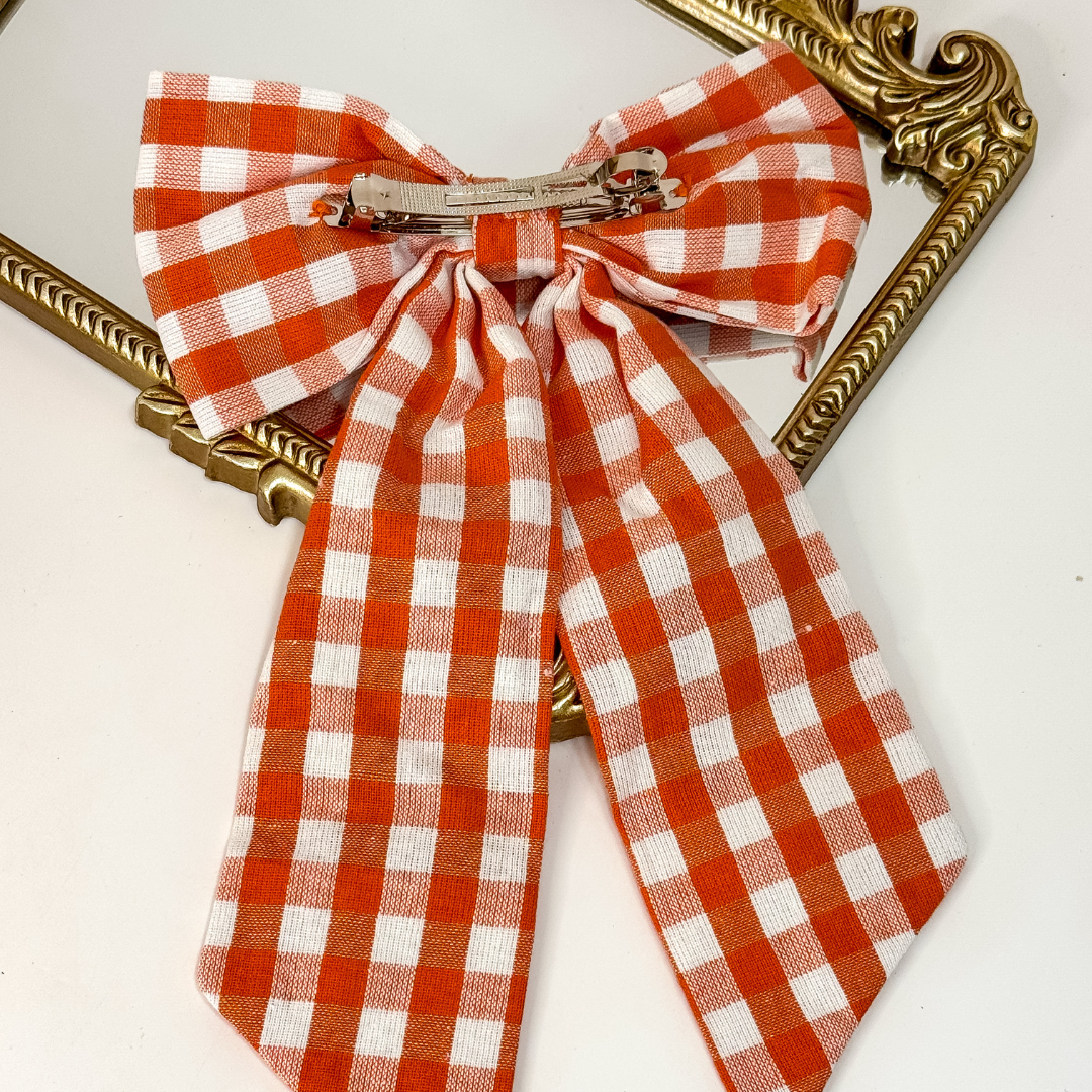 Orange Gingham Hair Bow with Beaded Pumpkins
