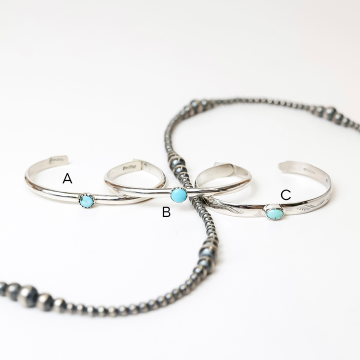 G S Navajo | Native American Handcrafted Sterling Silver Cuff with Center Turquoise Stone - Baby Size