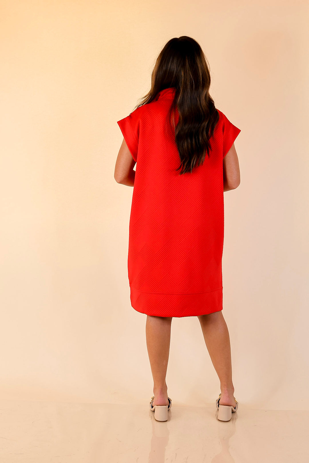 Modern Classic Cap Sleeve Dress with a Collar and Textured Detailing Dress in Red