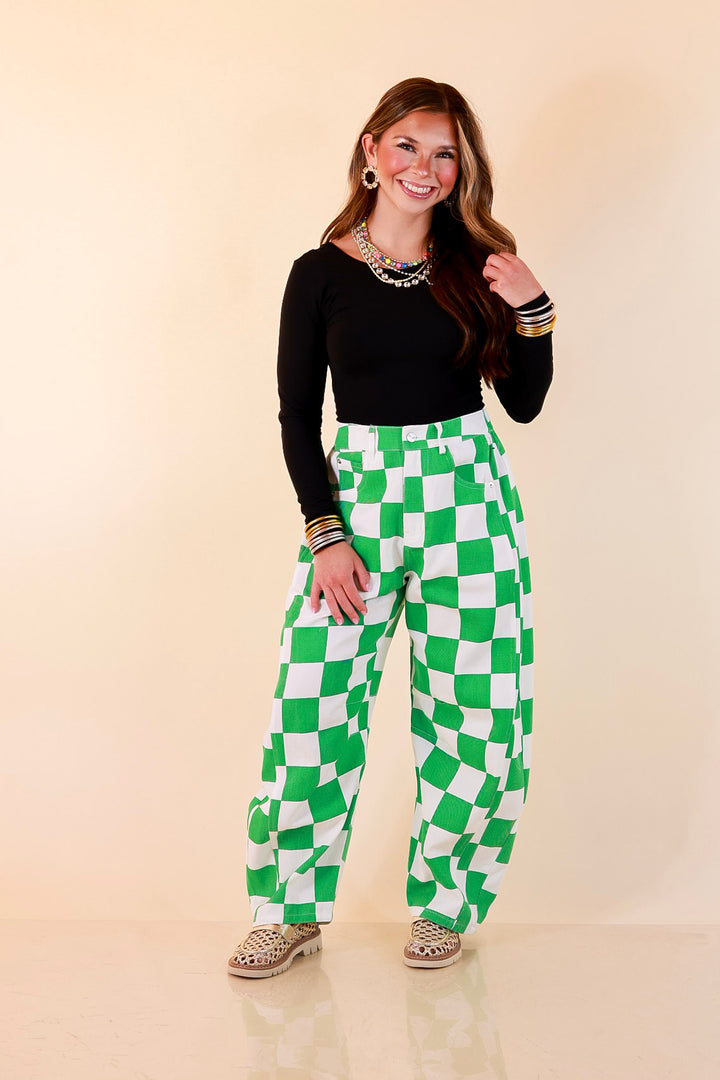 Check Me Out Wide Leg Checkered Print Barrel Denim Jean in Green