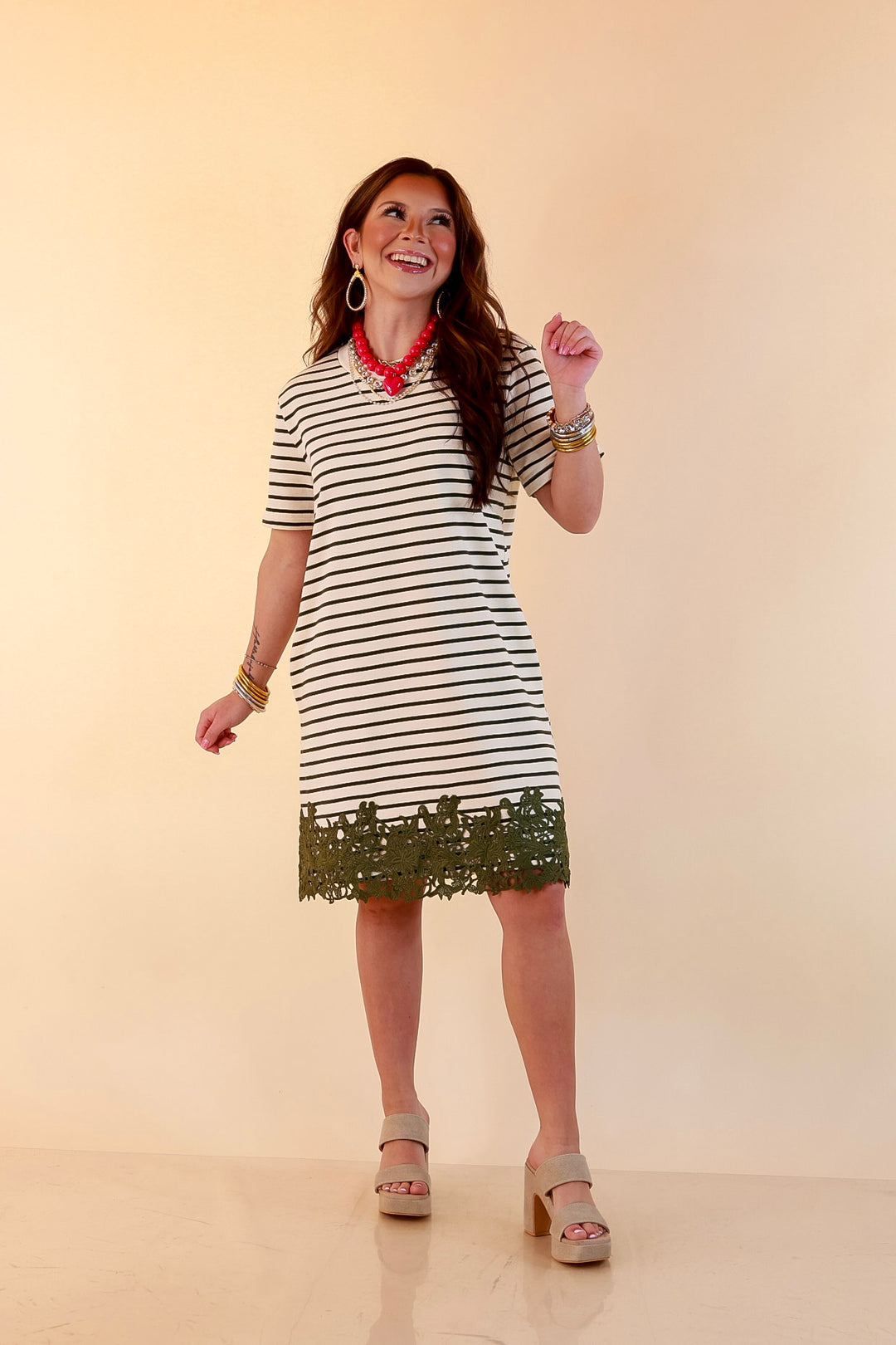 Beyond the Basics Striped Floral Lace Hem T-Shirt Dress in Ivory and Olive Green