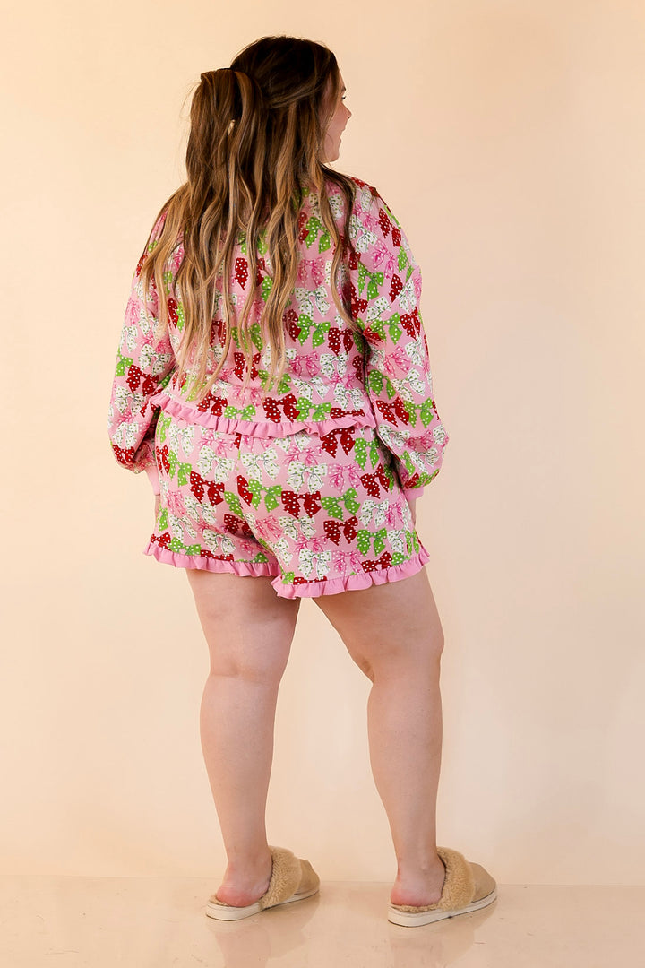 Simply Southern | Wrapped in Joy Matching PJ Set with Polka Dot Bows and Ruffle Detailing in Pink