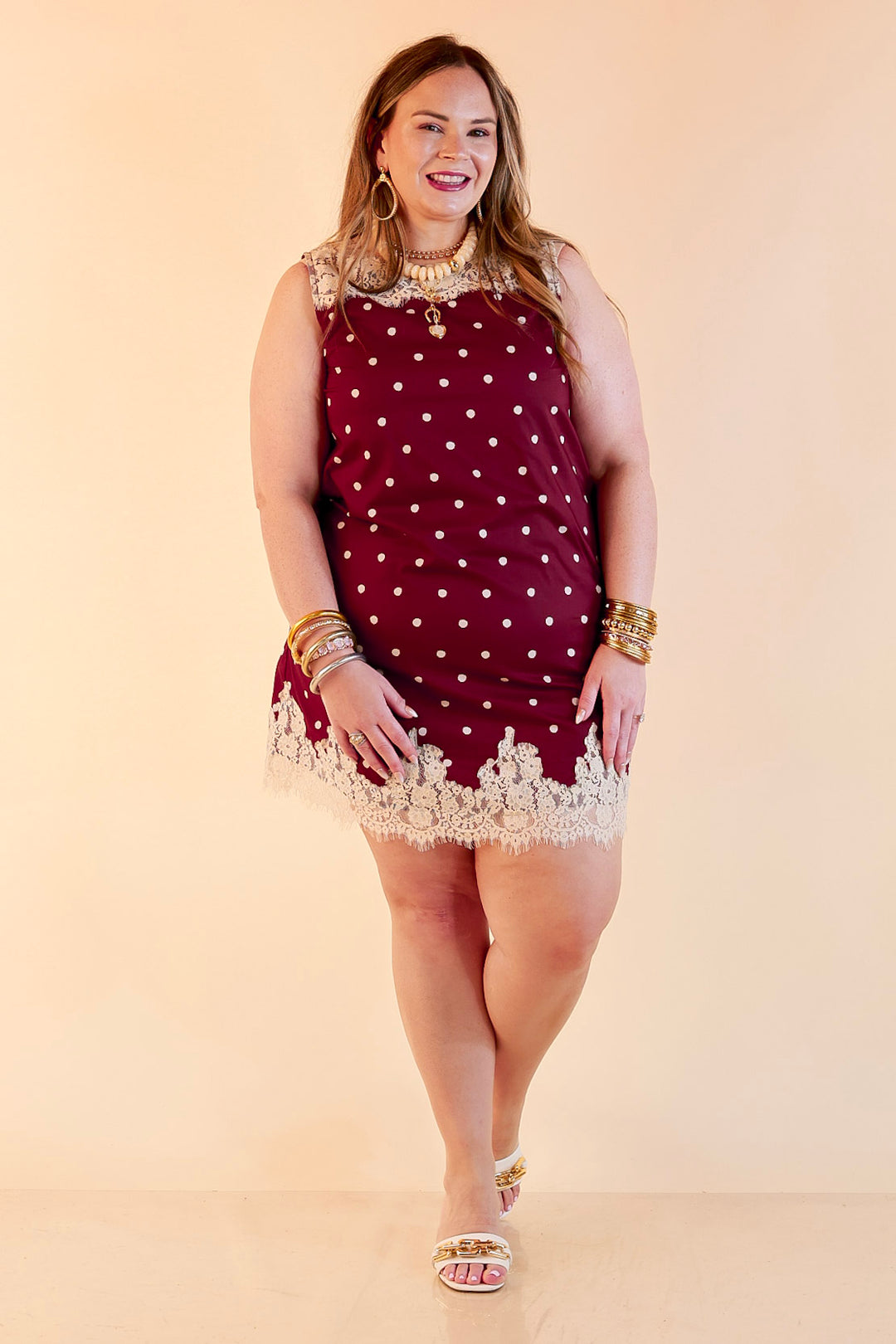 Lovely Little Details Polka Dot Lace Trim Sleeveless Shift Dress in Maroon and Ivory