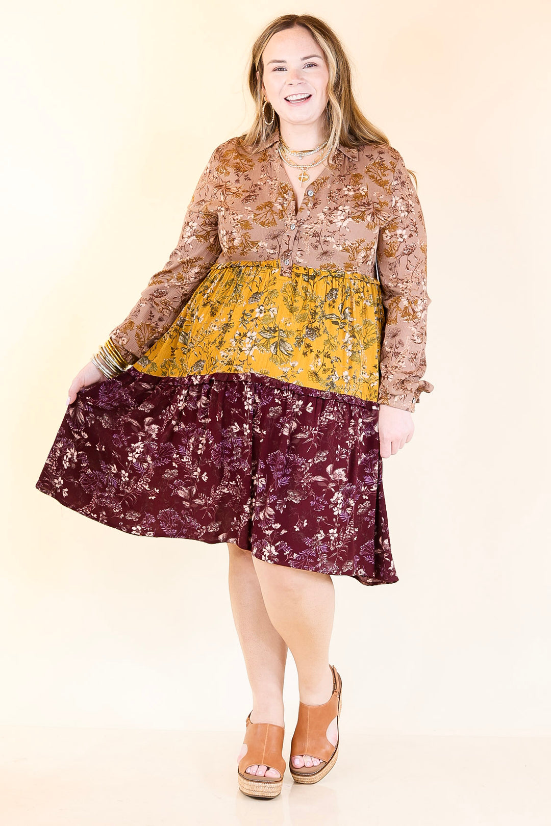 Among the Flowers Floral Ruffle Tier Long Sleeve Dress in Taupe, Mustard, and Burgundy