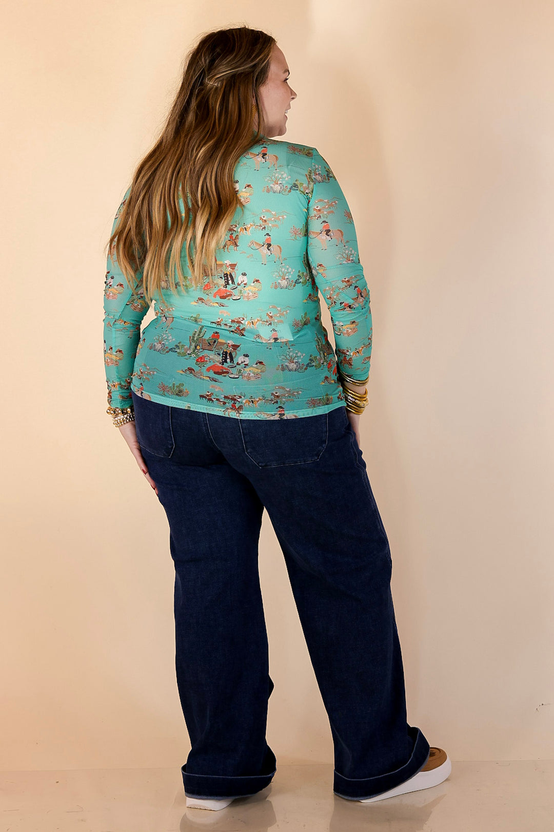 Western Dream Cowboy Cattle Drive Print Long Sleeve Mesh Top in Turquoise Blue
