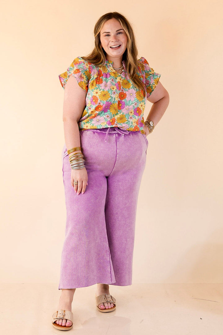 Cozy Girl Cropped Acid Washed Drawstring Pant in Violet Magenta