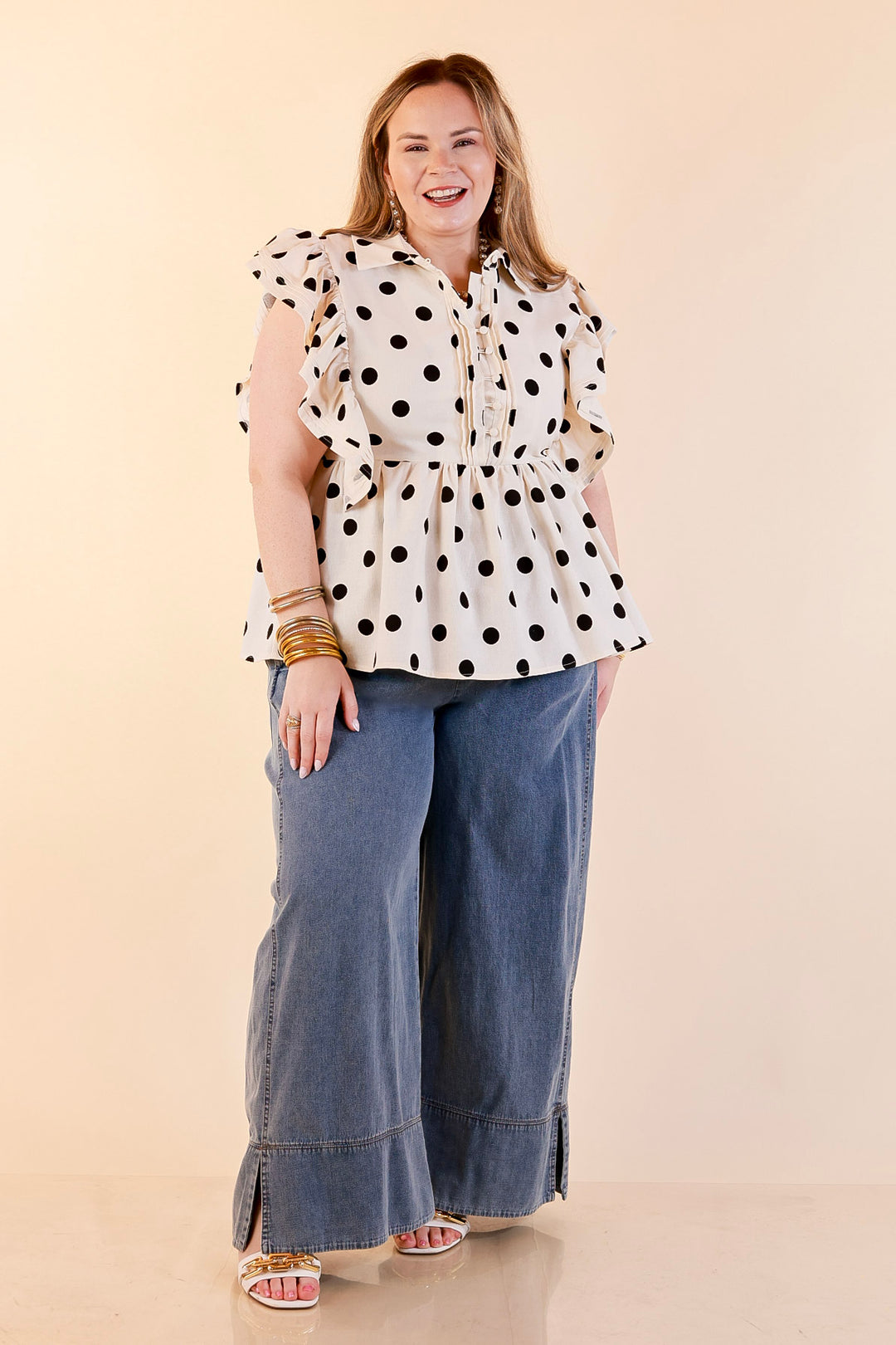 Spot on Style Ruffle Cap Sleeve Button Front Peplum Top with Black Polka Dot Print in Cream