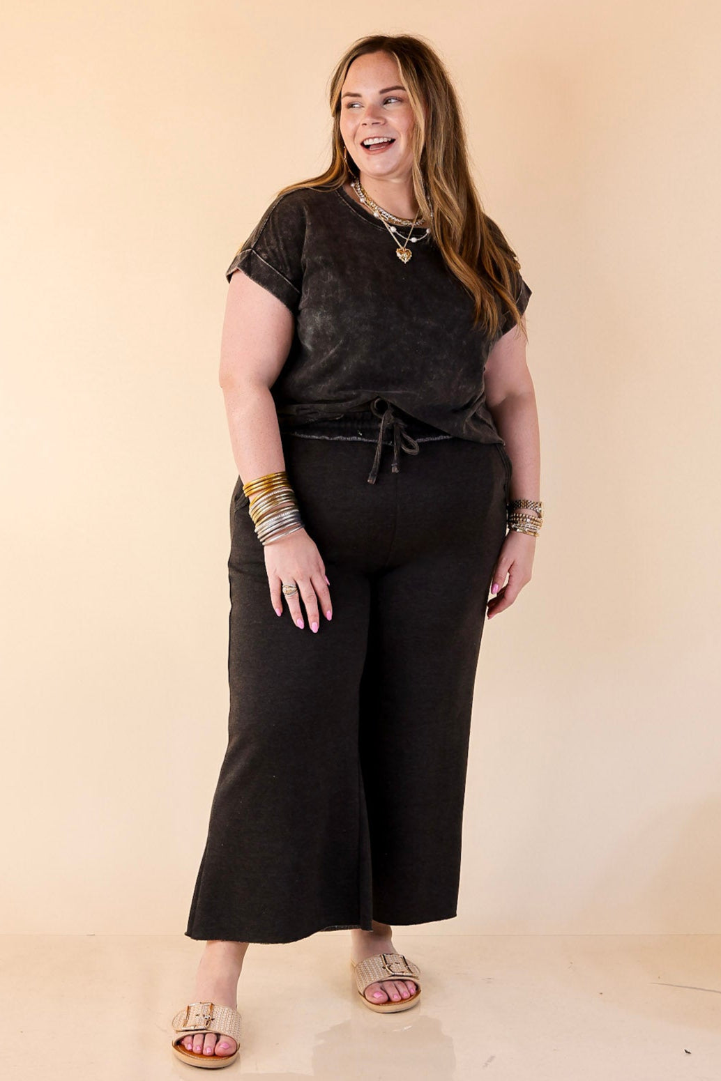 Cozy Girl Cropped Acid Washed Drawstring Pant in Black