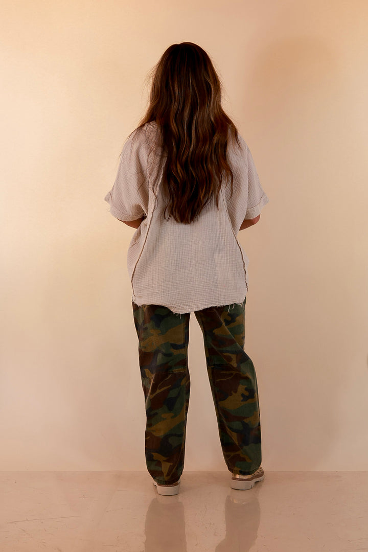 Everyday Ease Short Sleeve Linen Top with Raw Hem Edges in Natural Beige