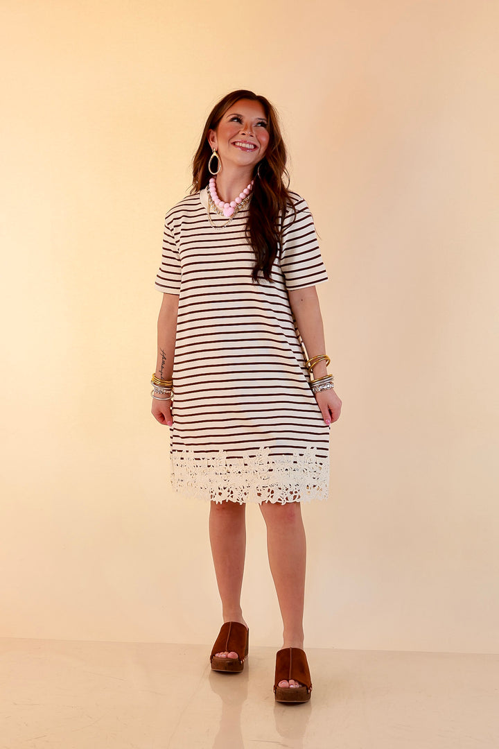Beyond the Basics Striped Floral Lace Hem T-Shirt Dress in Ivory and Chocolate Brown