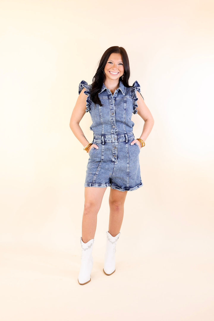 Feminine Flair Denim Romper with Ruffles and Collar in Medium Wash