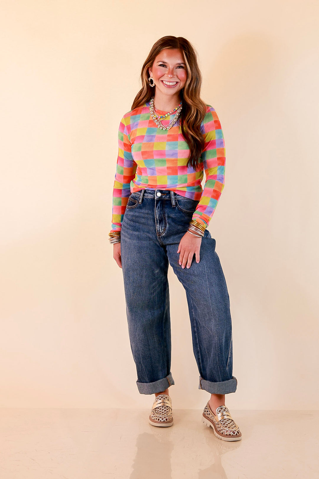 The Essential Layer Watercolor Checkered Print Sheer Mesh Long Sleeve Top in Multicolor