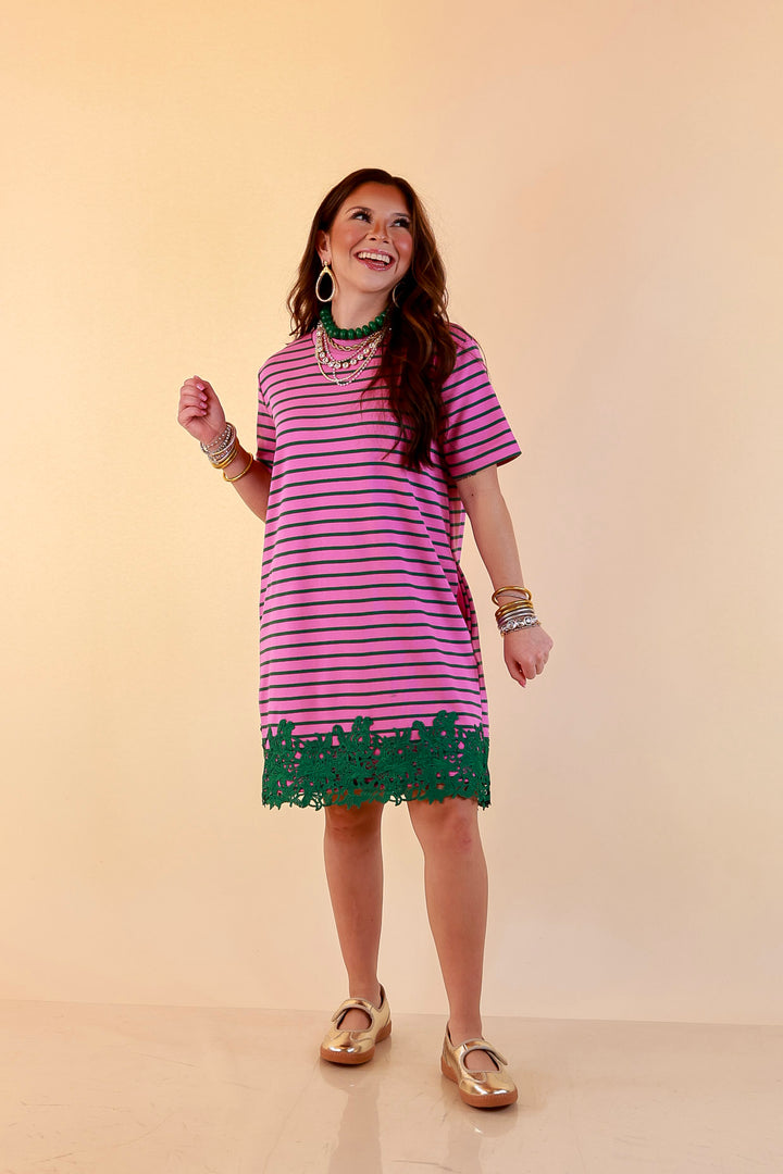 Beyond the Basics Striped Floral Lace Hem T-Shirt Dress in Pink and Green