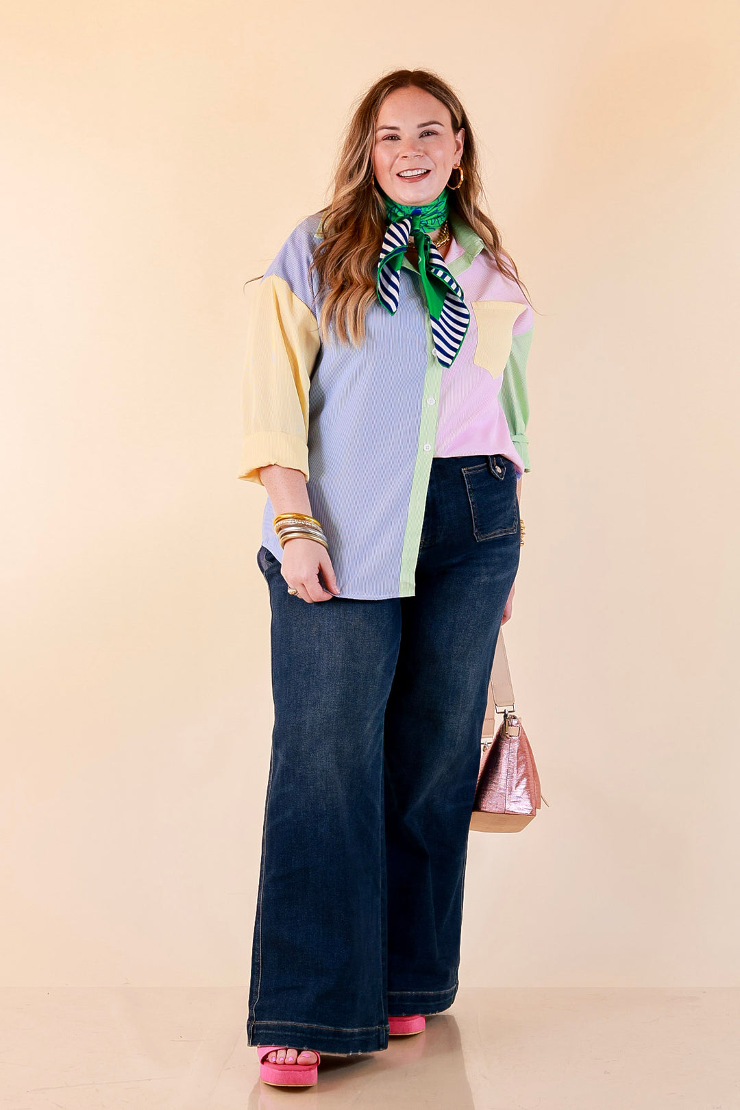 GUG Original | Sweet Harmony Long Sleeve Button Down Color Block Pinstripe Shirt in Bright Mix