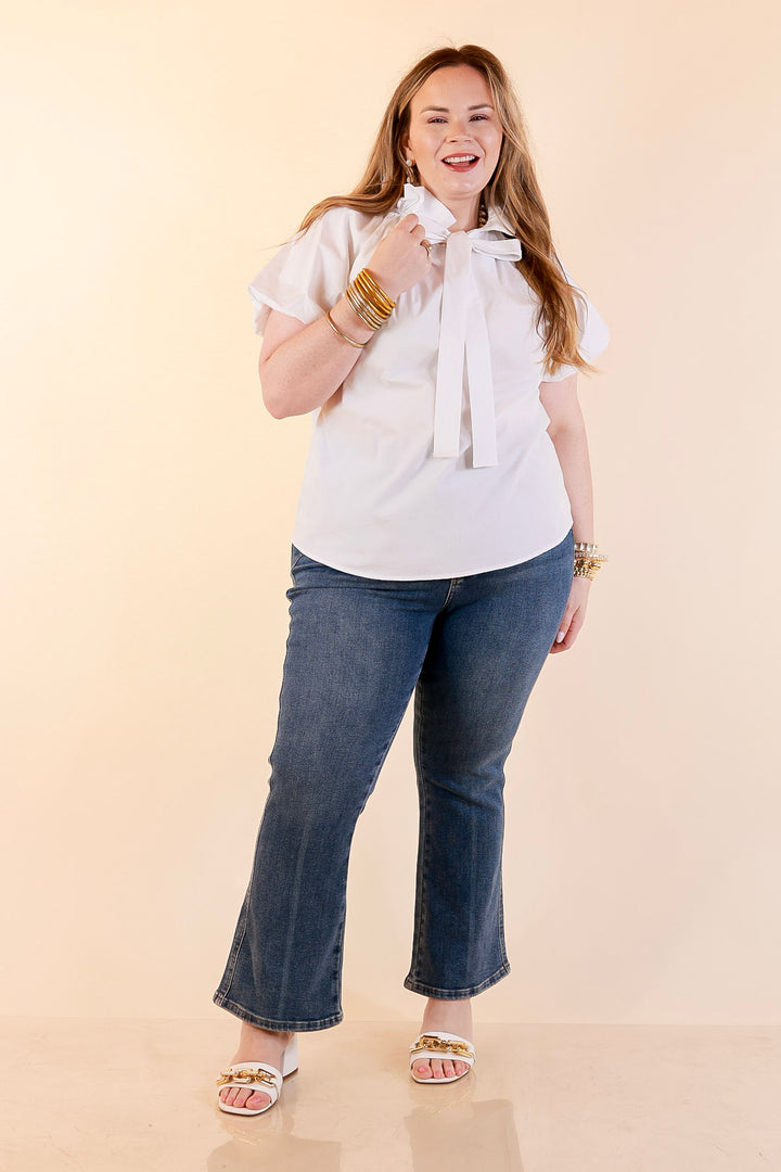 Make It Memorable Short Puff Sleeve Tie Neck Blouse with Gathered Neckline in White